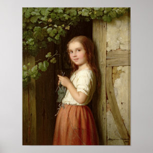 Young Girl die in een Doorway Knitting staat, 1863 Poster