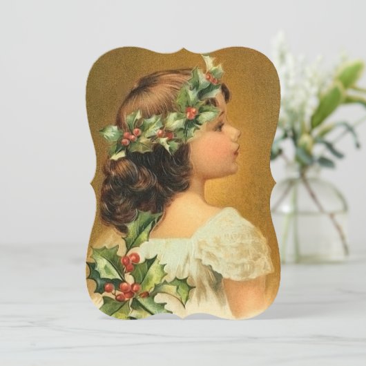 Young Girl met Holly  Fancy kerstknippen Feestdagenkaart (Staand voorkant)