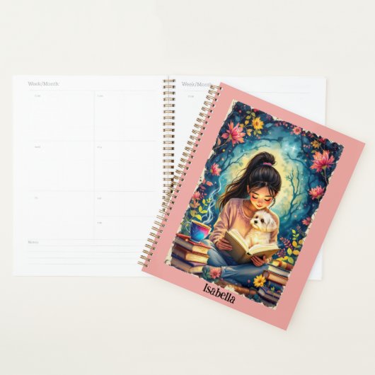 Young Girl Reading with Her Dog Add Name & Text  Planner (Display)
