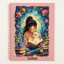 Young Girl Reading with Her Dog Add Name & Text  Planner