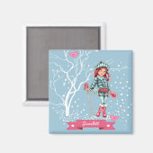 Young Girl Skier | Eigen naam kerstcadeautje Magneet (Voorkant / Achterkant)