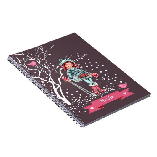 Young Girl Skier | Eigen naam kerstcadeautje Notitieboek (Rechterzijde)