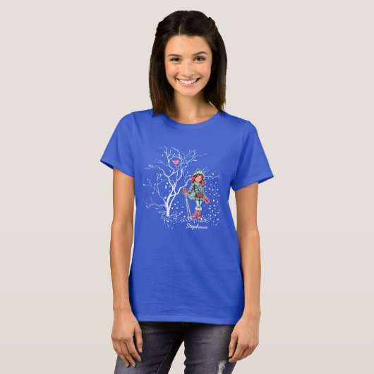 Young Girl Skier | Eigen naam kerstcadeautje T-shirt (Voorkant volledig)