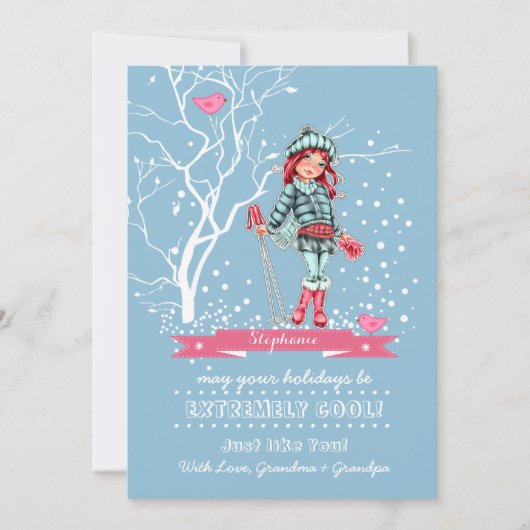 Young Girl Skier | Eigen naam kerstKaarten Feestdagenkaart (Voorkant)