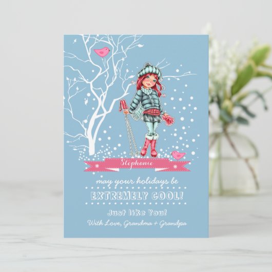 Young Girl Skier | Eigen naam kerstKaarten Feestdagenkaart (Staand voorkant)
