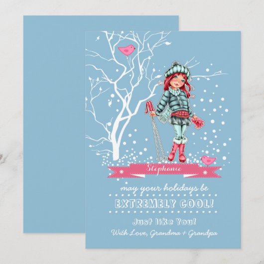 Young Girl Skier | Eigen naam kerstKaarten Feestdagenkaart (Voorkant / Achterkant)