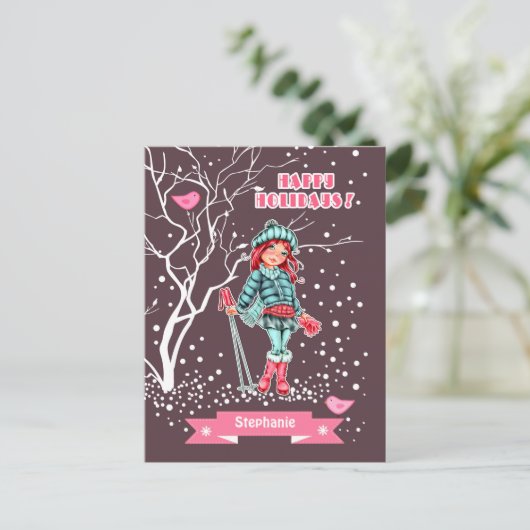 Young Girl Skier | Eigen naam kerstmis Feestdagenkaart (Staand voorkant)