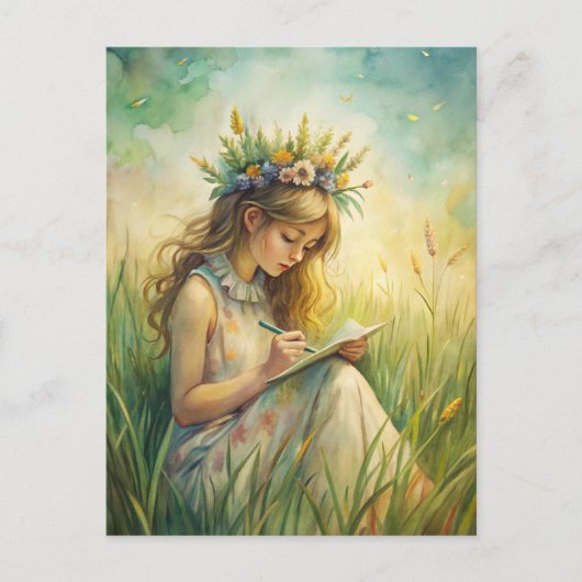 Young Girl Wildflowers Nature Inspired Briefkaart (Voorkant)