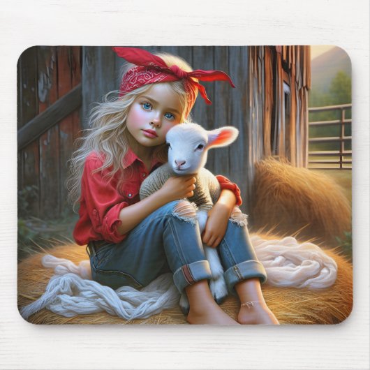 Young Girl With Newborn Lamb Muismat (Voorkant)