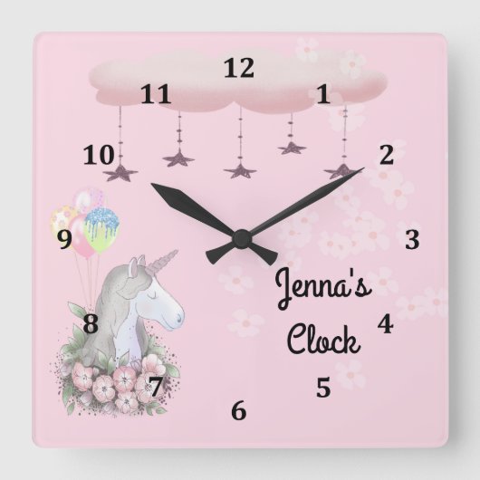 Young Girls Wall Clock met Unicorn Vierkante Klok (Voorkant)