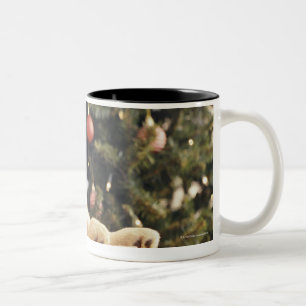 Young Labrador Leaning op een kerstcadeautje Tweekleurige Koffiemok
