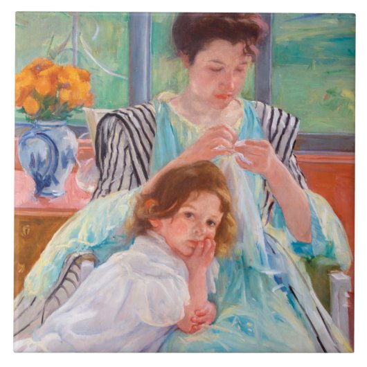 Young Moeder Sewing, Mary Cassatt Tegeltje (Voorkant)