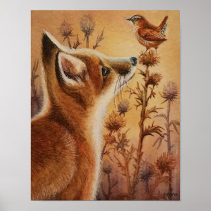Young Red Fox Carolina Wren Bird Waterverf 11x14 Poster