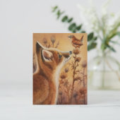 Young Red Fox & Carolina Wren Bird Waterverf Art Briefkaart (Staand voorkant)