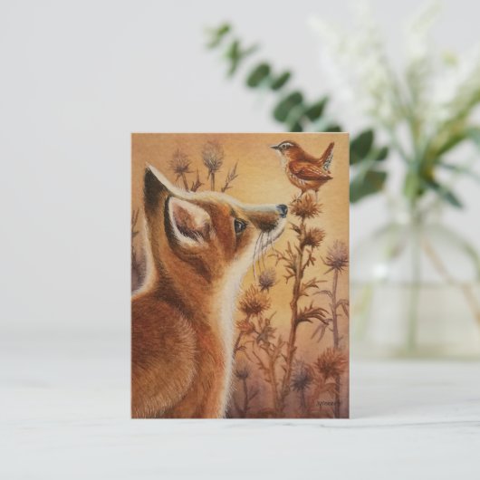 Young Red Fox & Carolina Wren Bird Waterverf Art Briefkaart (Staand voorkant)