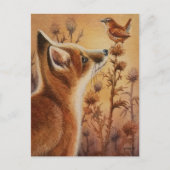 Young Red Fox & Carolina Wren Bird Waterverf Art Briefkaart (Voorkant)