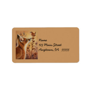 Young Red Fox & Carolina Wren Bird Waterverf Art Etiket