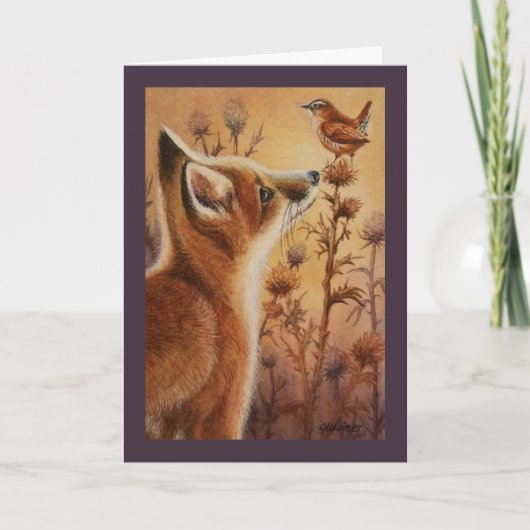 Young Red Fox & Carolina Wren Bird Waterverf Art Kaart (Voorkant)
