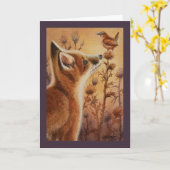Young Red Fox & Carolina Wren Bird Waterverf Art Kaart (Gele Bloem)