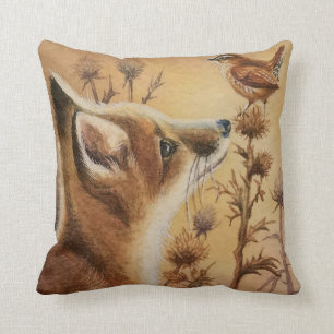Young Red Fox & Carolina Wren Bird Waterverf Art Kussen