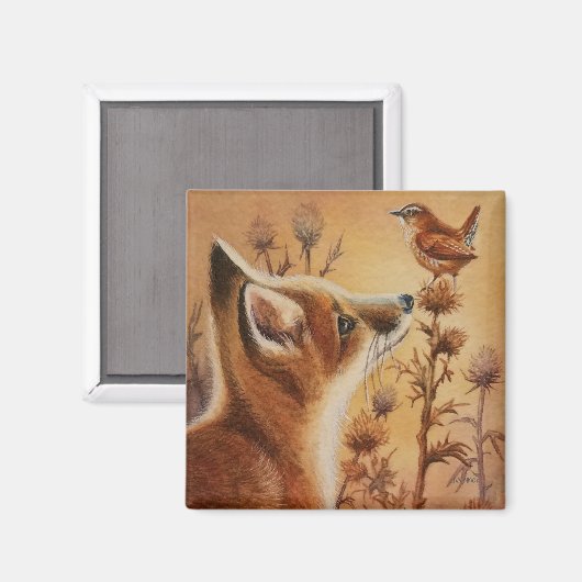 Young Red Fox & Carolina Wren Bird Waterverf Art Magneet (Voorkant / Achterkant)