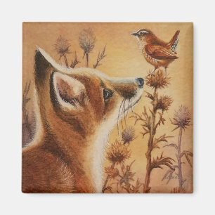 Young Red Fox & Carolina Wren Bird Waterverf Art Magneet