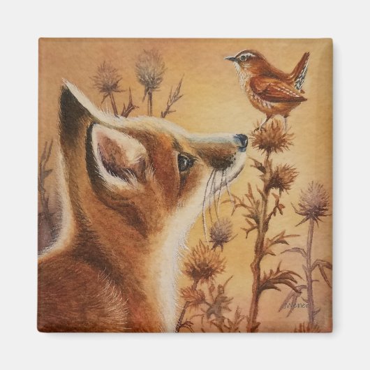 Young Red Fox & Carolina Wren Bird Waterverf Art Magneet (Voorkant)