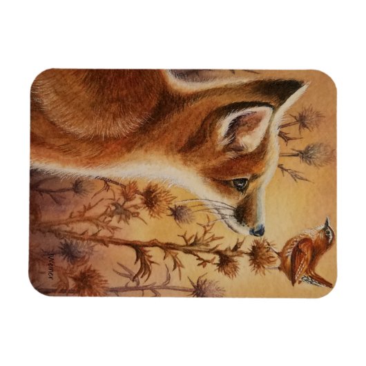 Young Red Fox Carolina Wren Bird Waterverf Art Magneet (Horizontaal)