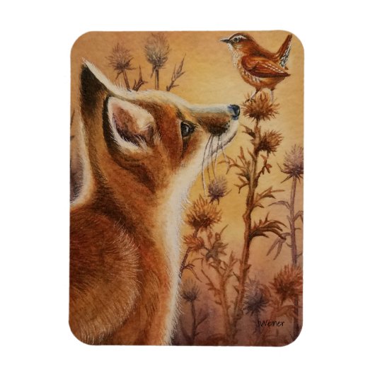 Young Red Fox Carolina Wren Bird Waterverf Art Magneet (Verticaal)