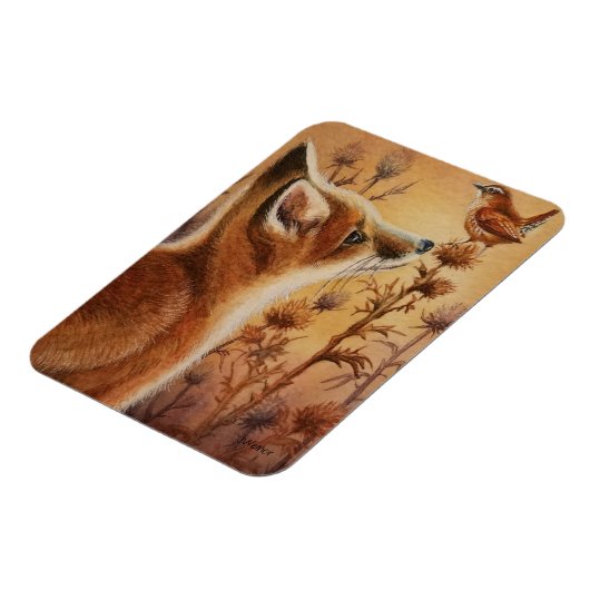 Young Red Fox Carolina Wren Bird Waterverf Art Magneet (Linkerzijde)