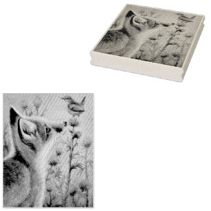 Young Red Fox & Carolina Wren Bird Waterverf Art Rubberstempel