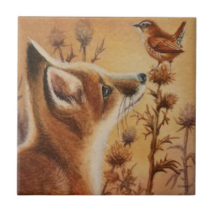 Young Red Fox Carolina Wren Bird Waterverf Art Tegeltje