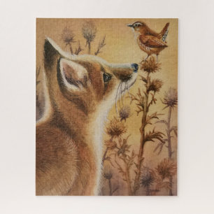 Young Red Fox & Carolina Wren Waterverf Art Legpuzzel