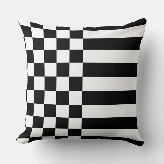 Young White Geometric Stripes & Checker Black Kussen (Voorkant)