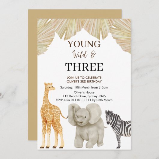 Young WILD & 3 Safari Theme 3rd Birthday Kaart (Voorkant / Achterkant)