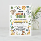 Young Wild & 3 Safari Zoo Animal Verjaardagsfeestj Kaart (Staand voorkant)