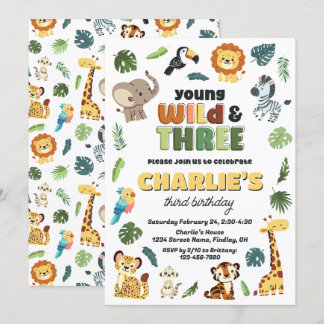 Young Wild & 3 Safari Zoo Animal Verjaardagsfeestj Kaart