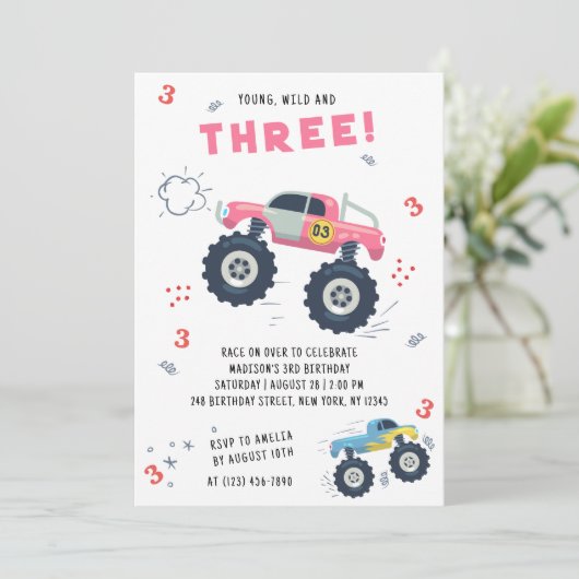 Young Wild 3rd Birthday Kinder Monster Car Trucks Kaart (Staand voorkant)