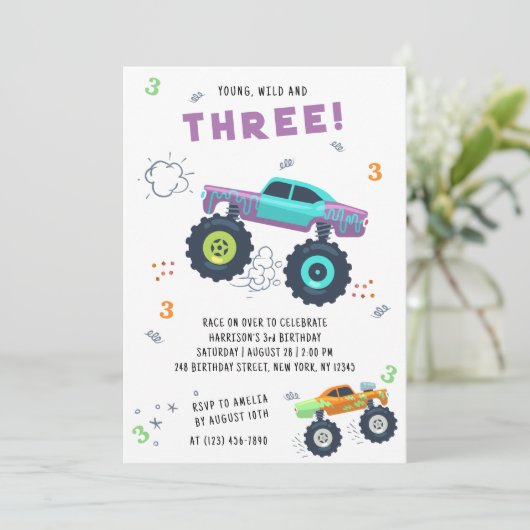 Young Wild 3rd Birthday Kinder Monster Car Trucks Kaart (Staand voorkant)