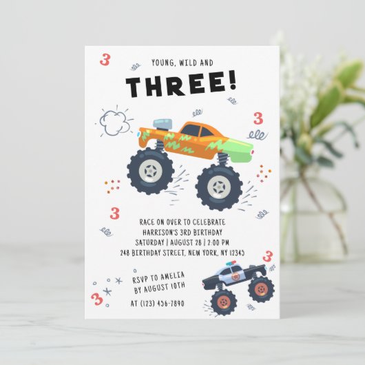 Young Wild 3rd Birthday Kinder Monster Car Trucks Kaart (Staand voorkant)