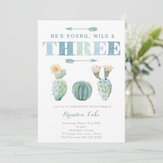 Young Wild and DREE Cactus 3rd Birthday Party Kaart (Staand voorkant)