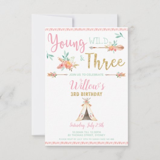 Young Wild and Three 3rd Birthday Boho Invitation Aankondiging (Voorkant)