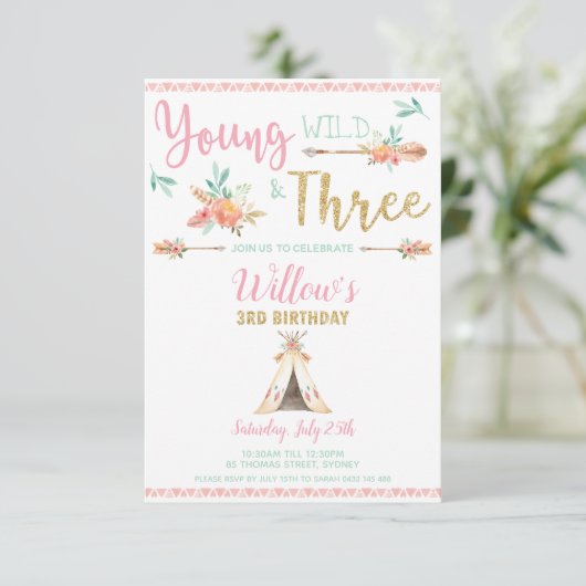 Young Wild and Three 3rd Birthday Boho Invitation Aankondiging (Staand voorkant)