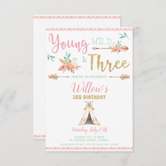 Young Wild and Three 3rd Birthday Boho Invitation Aankondiging (Voorkant / Achterkant)