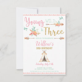Young Wild and Three 3rd Birthday Boho Invitation Aankondiging
