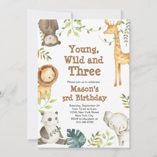 Young Wild and Three Animal Birthday Invitation Kaart (Voorkant)