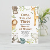 Young Wild and Three Animal Birthday Invitation Kaart (Staand voorkant)