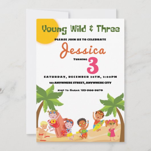 Young Wild and Three Beach Birthday Party Invitati Kaart (Voorkant)