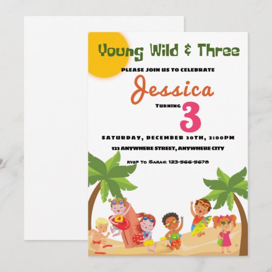 Young Wild and Three Beach Birthday Party Invitati Kaart (Voorkant / Achterkant)