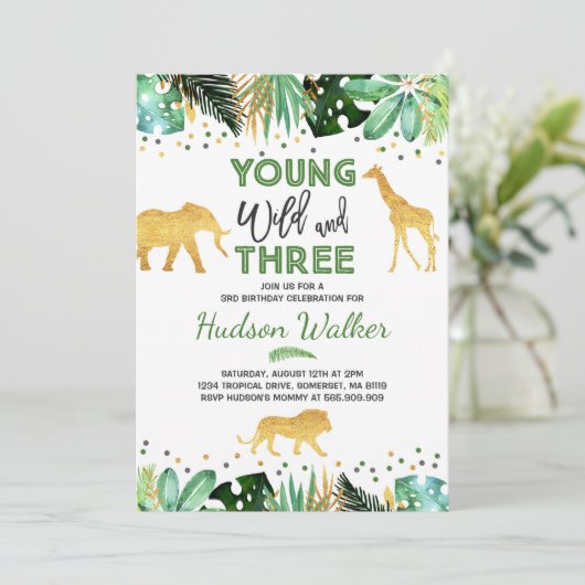 Young Wild and Three Birthday Invitation Oerwoud Kaart (Staand voorkant)